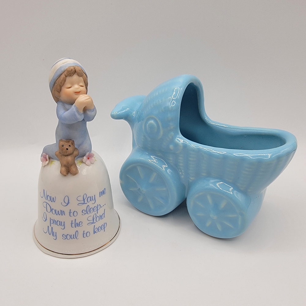 Vintage Baby Boy Lot Carriage Pram Planter Country Cousins Bedtime Prayer Bell